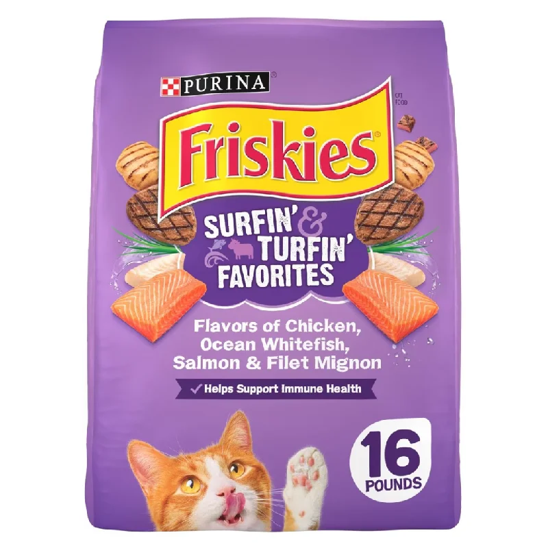    - High-fiber cat food  Pet grooming and cleaning products:8. **Cat food bowl anti-overturning**- Natural rubber pet toys   - High-fiber cat food  Friskies Surfin' & Turfin' Favorites Dry Cat Food